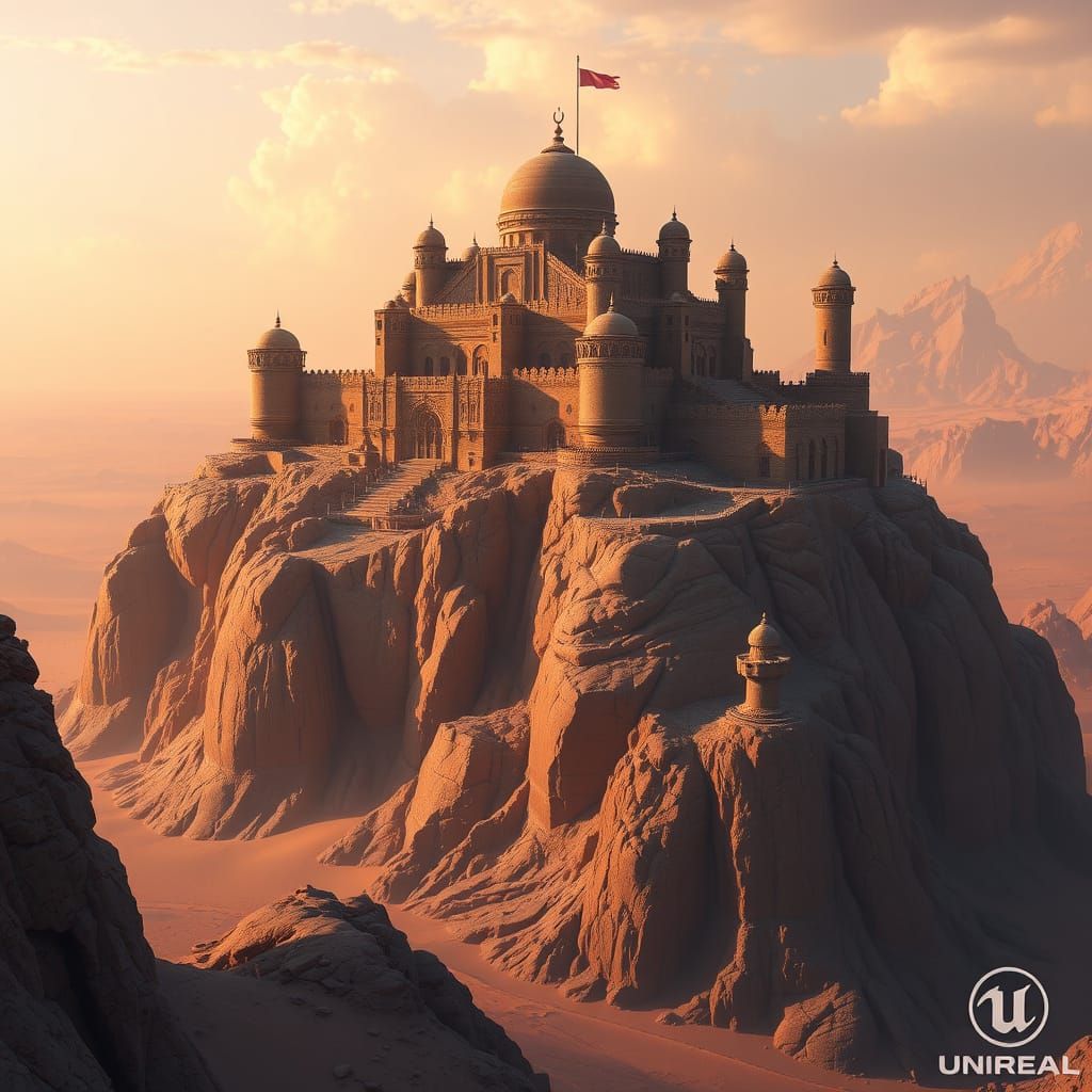 Epic Arab Fantasy Castle Amidst Vast Desert Landscape