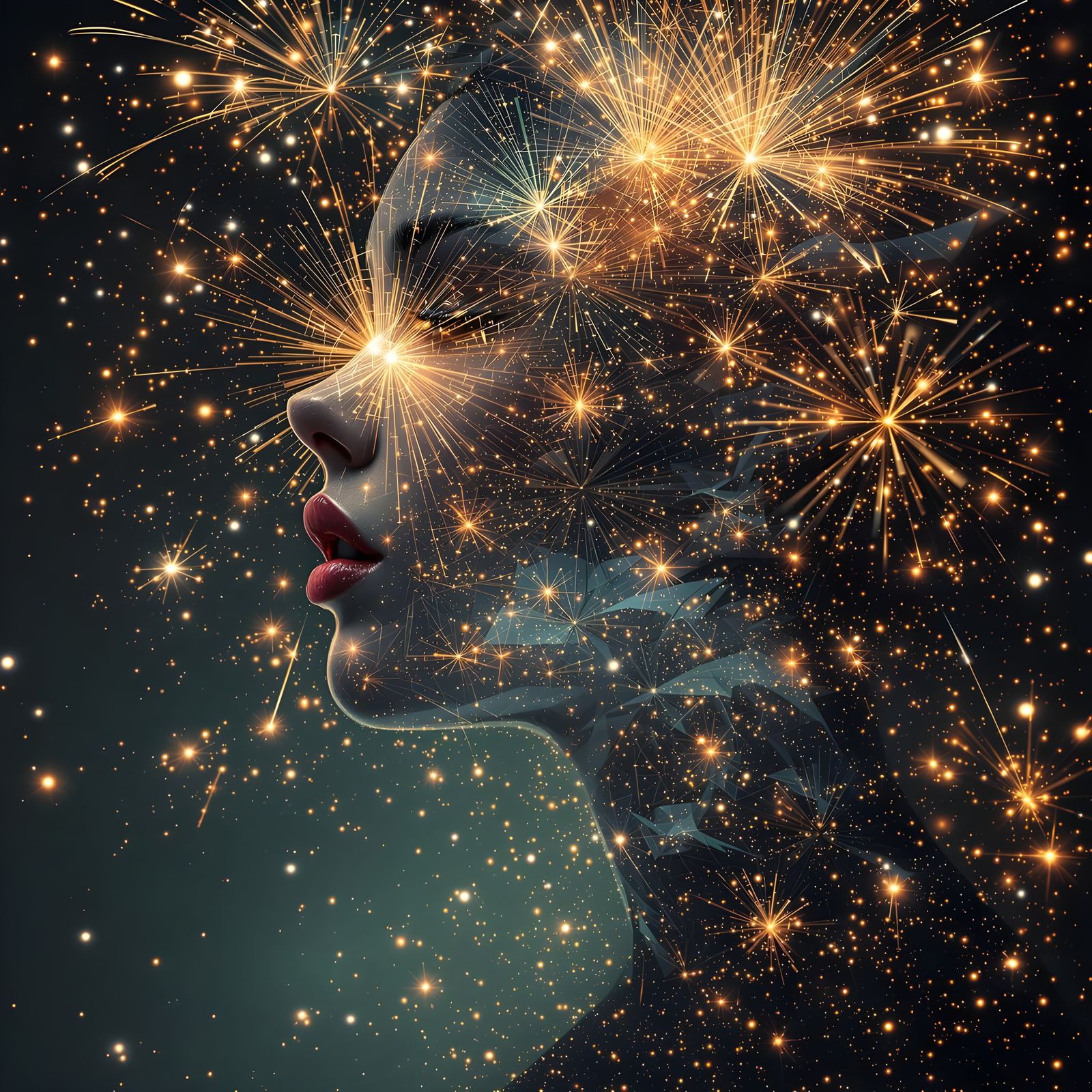 Surreal Female Figure with Firework Double Exposure