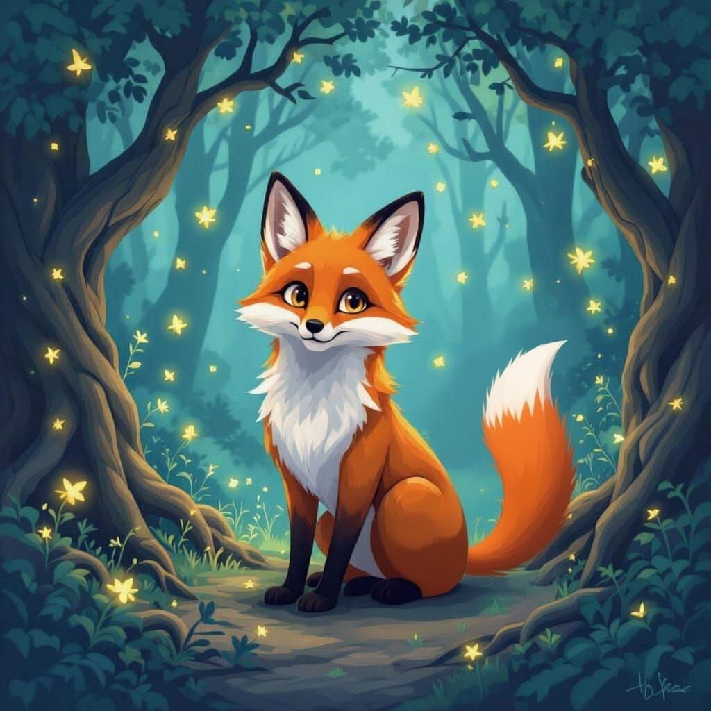 Comic Sketch of a Solitary Shapeshifter Fox in Forest