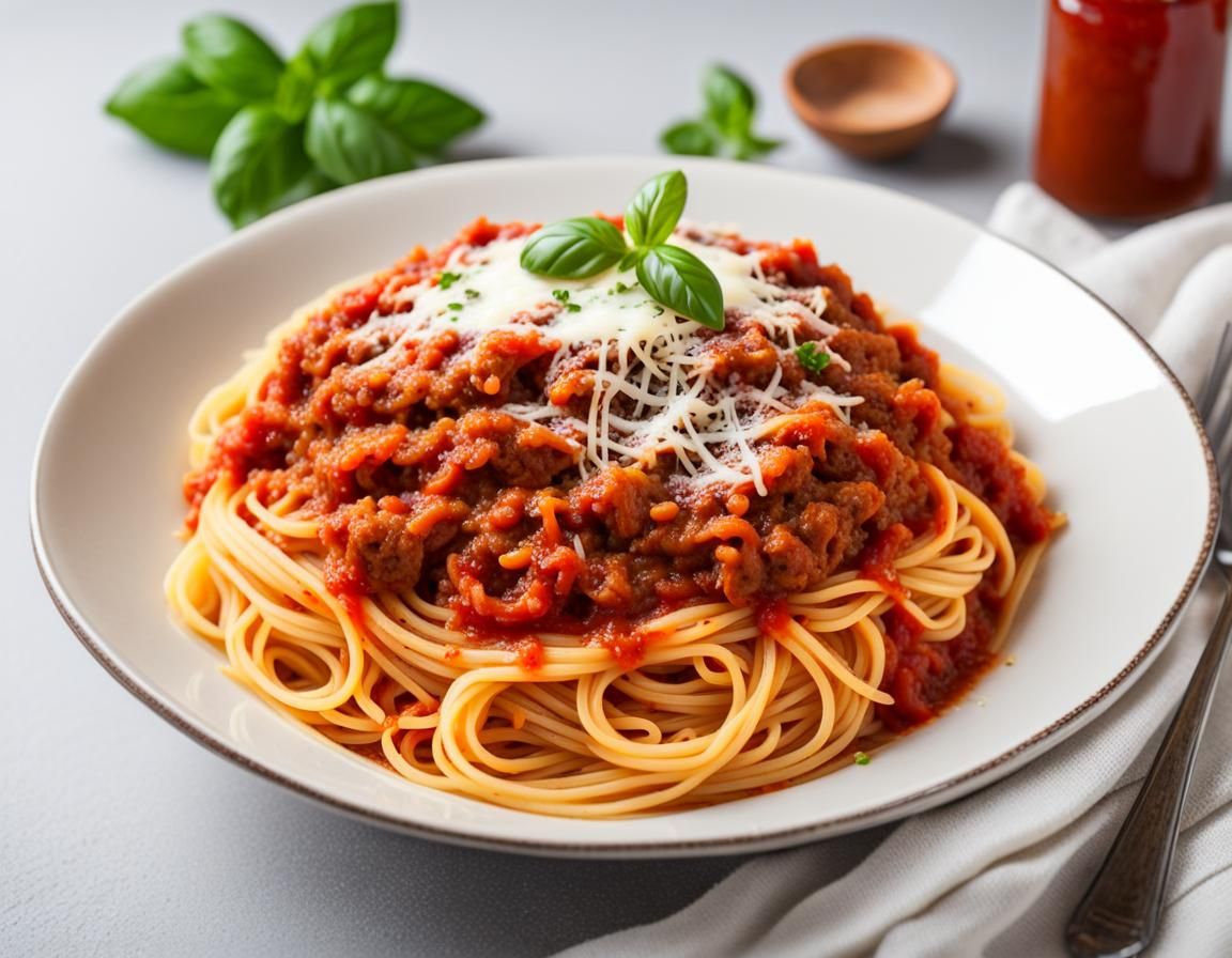 Beautiful Bowl of Pasta Spaghetti Meat Sauce to indulge into with Grated Cheese on top