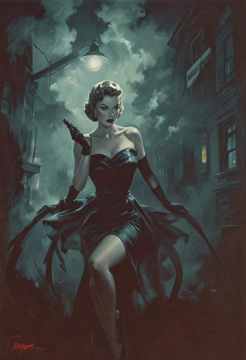 Noir Pinup Painting of a Woman in the Night