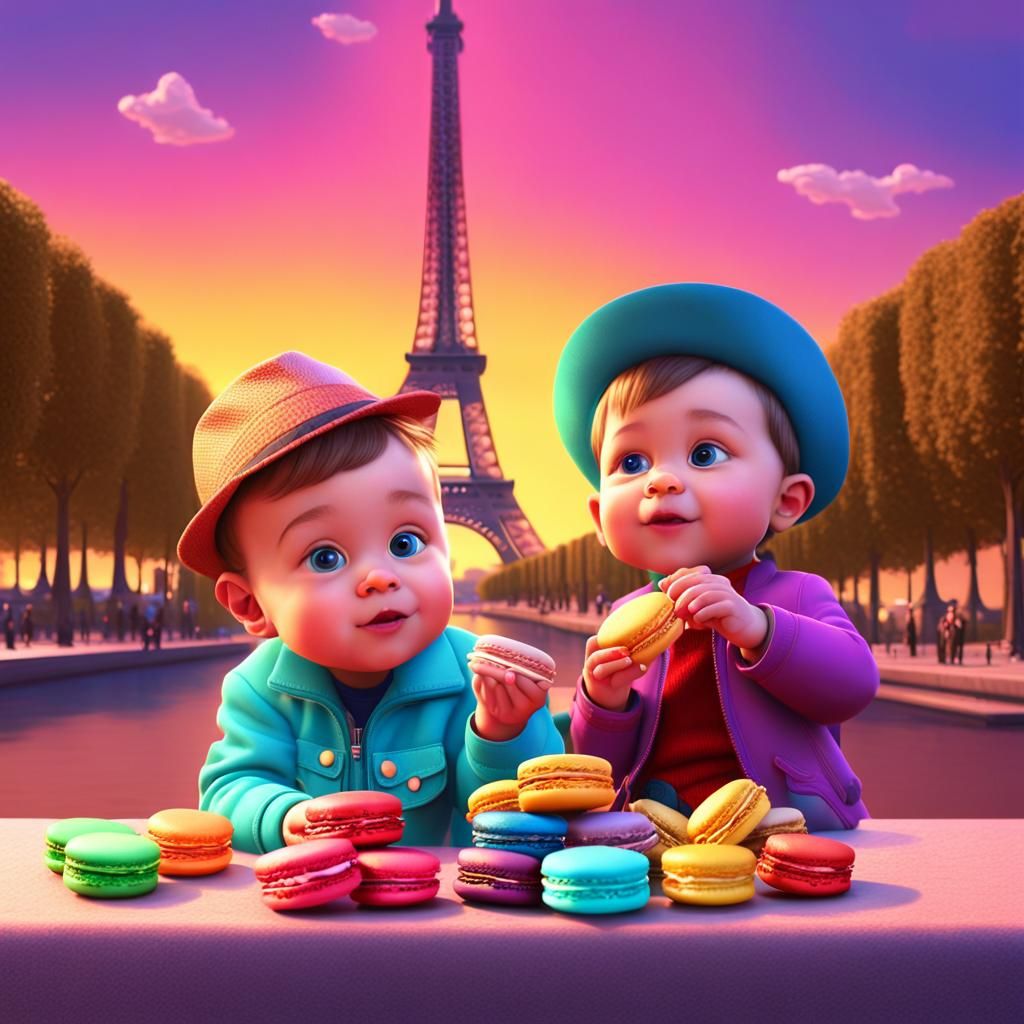 French Boys Enjoy Macarons Near Eiffel Tower