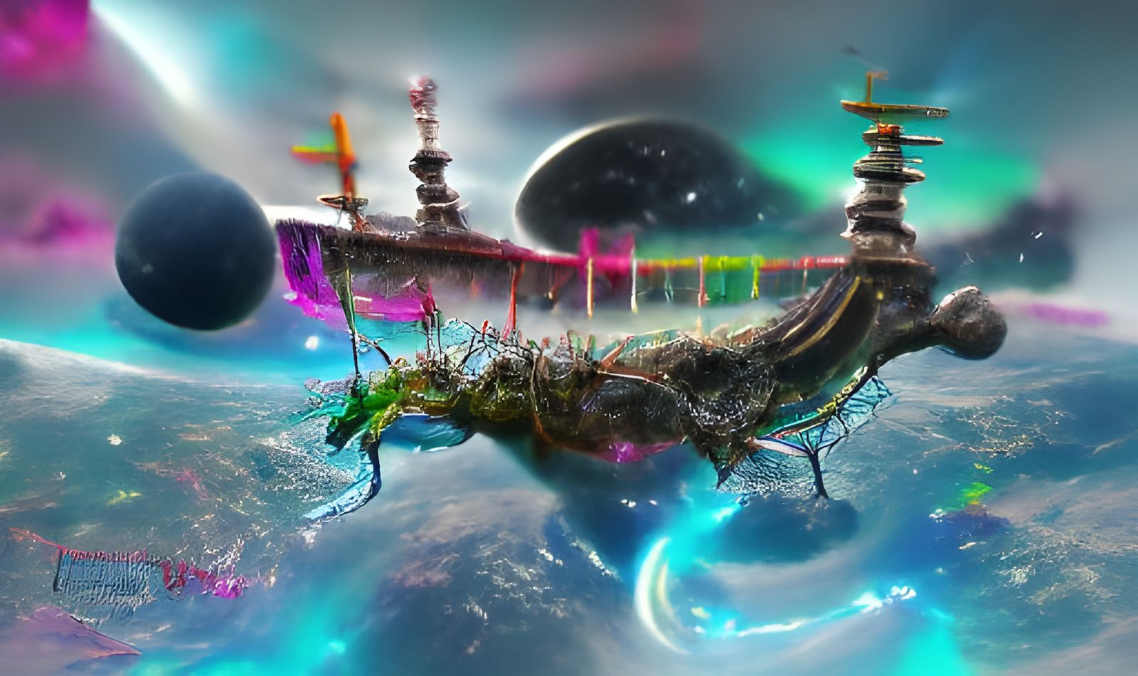 Alien Space Station Orbiting Planet: Holographic Illustratio...