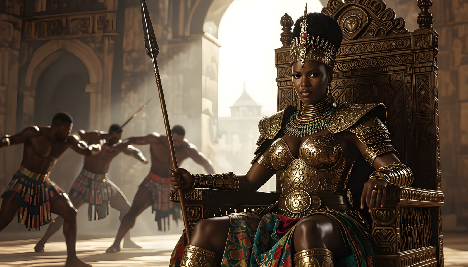 Queen Nzinga on Royal Throne in Regal Armor