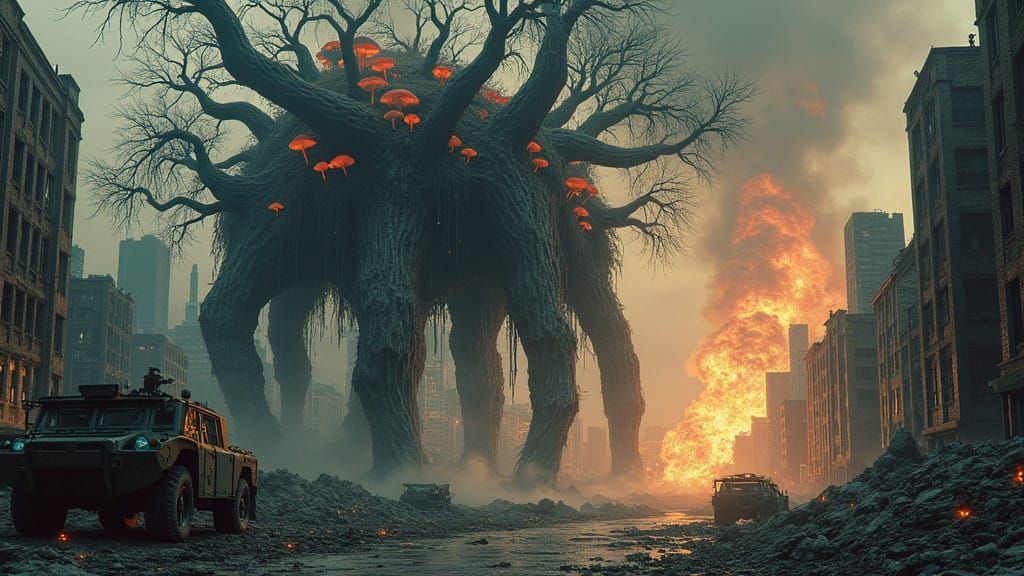 Glowing Treants Devastate War-Torn Cityscape in Dark Surreal...