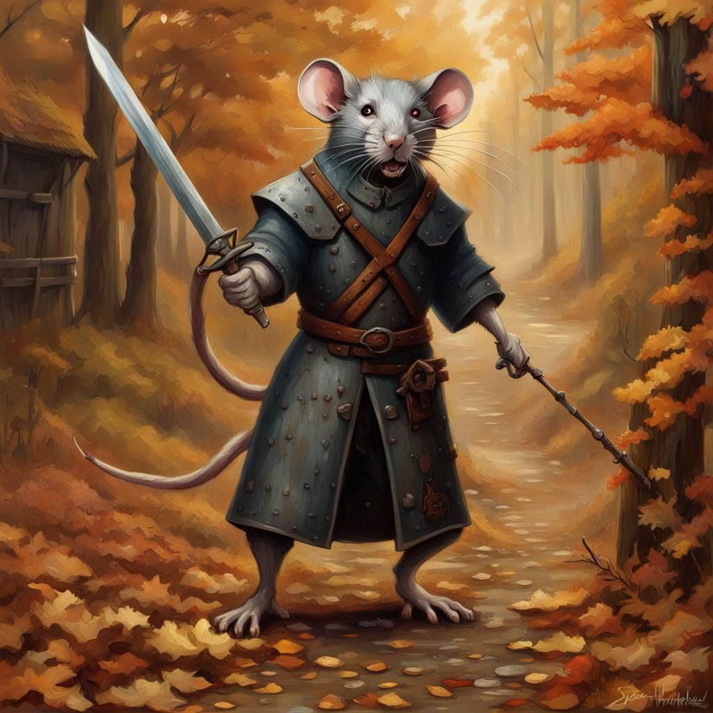 Rat Alchemist Ready for Battle in Autumnal Setting