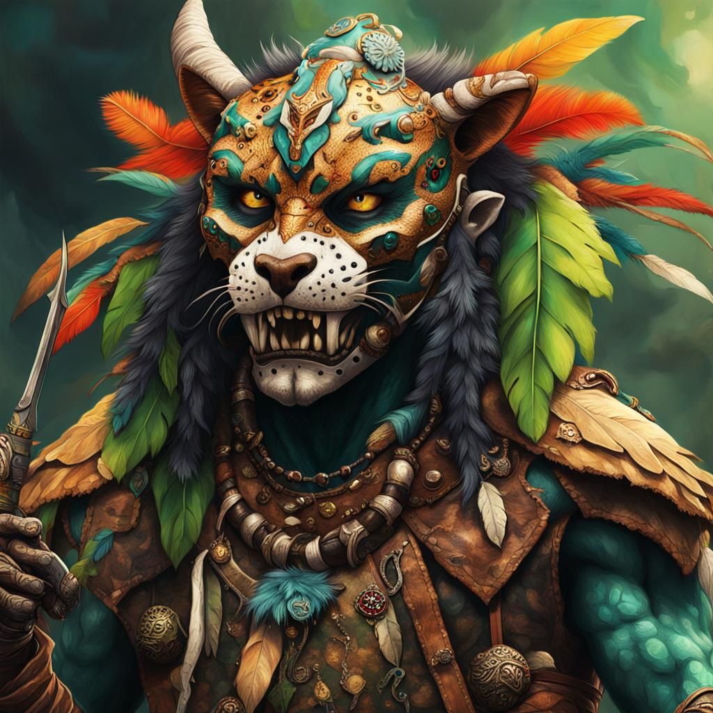 Goblin Warrior in Jungle Mask, Hyper-Realistic Art