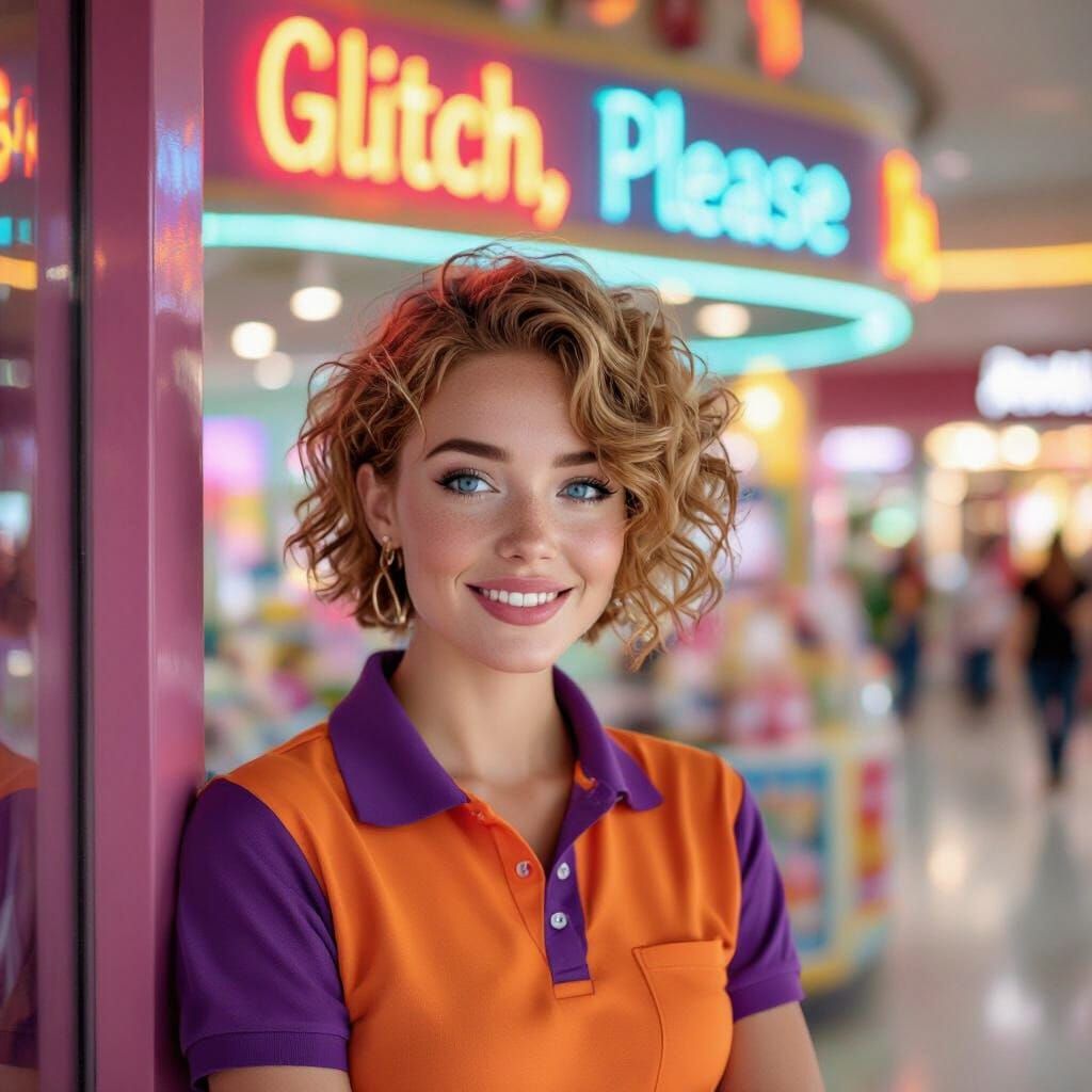 Woman Leaning on 'Glitch, Please' Kiosk