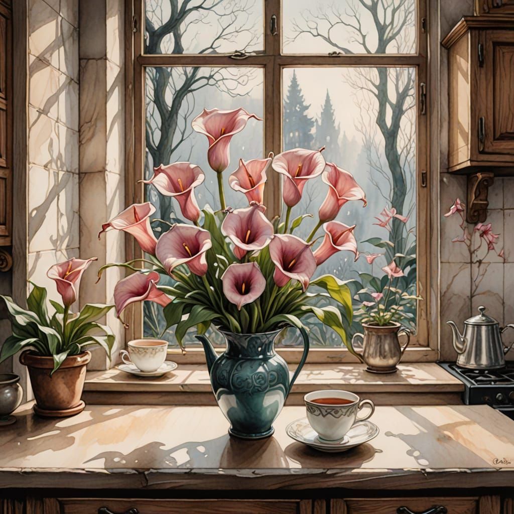 Elegant Floral Scene in Watercolor Style