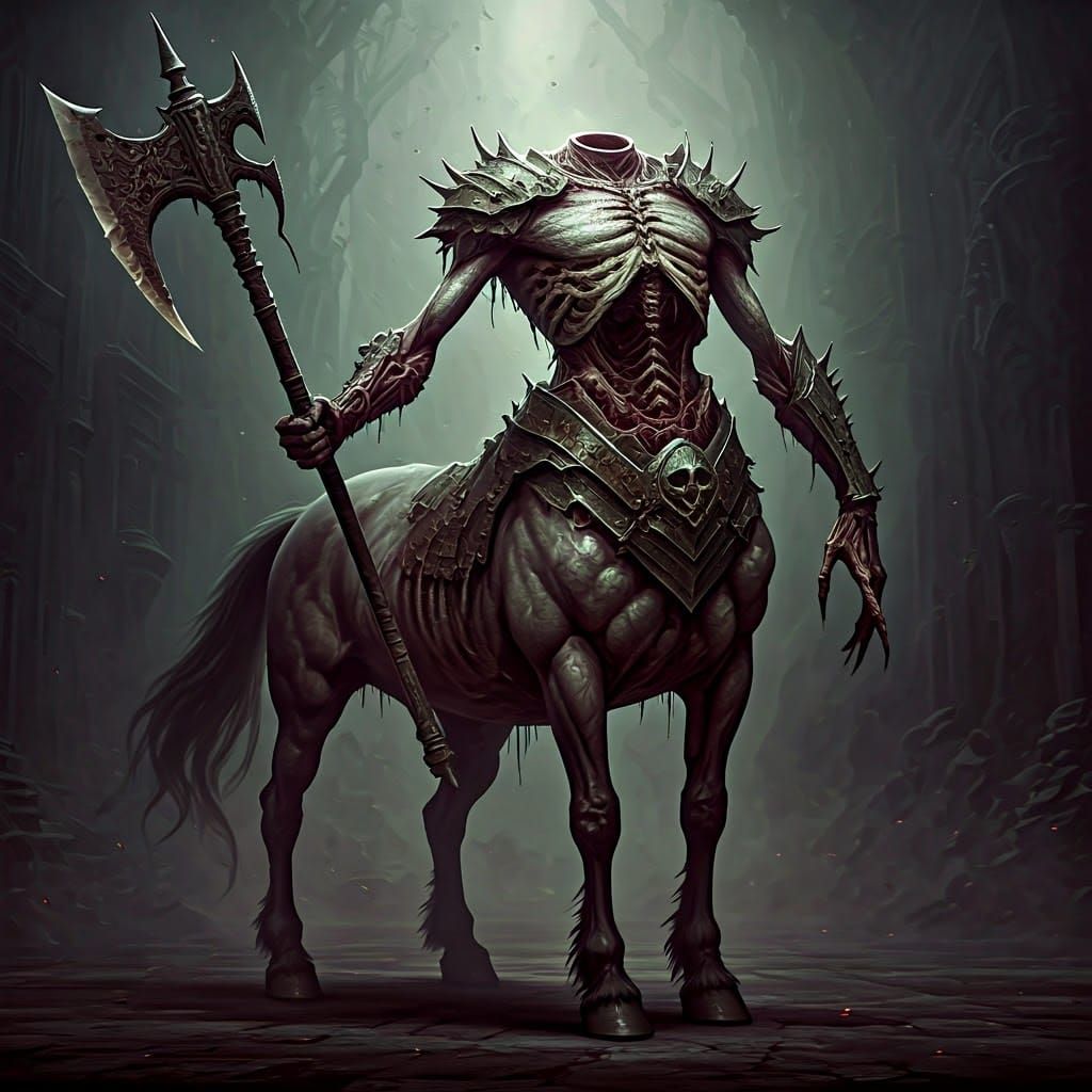 Decaying Headless Centaur Monstrosity in Dark Fantasy Style