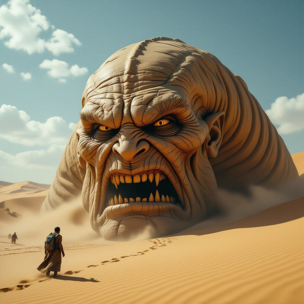 Colossal Sand Worm With Old Man Face, Cinematic Film Still