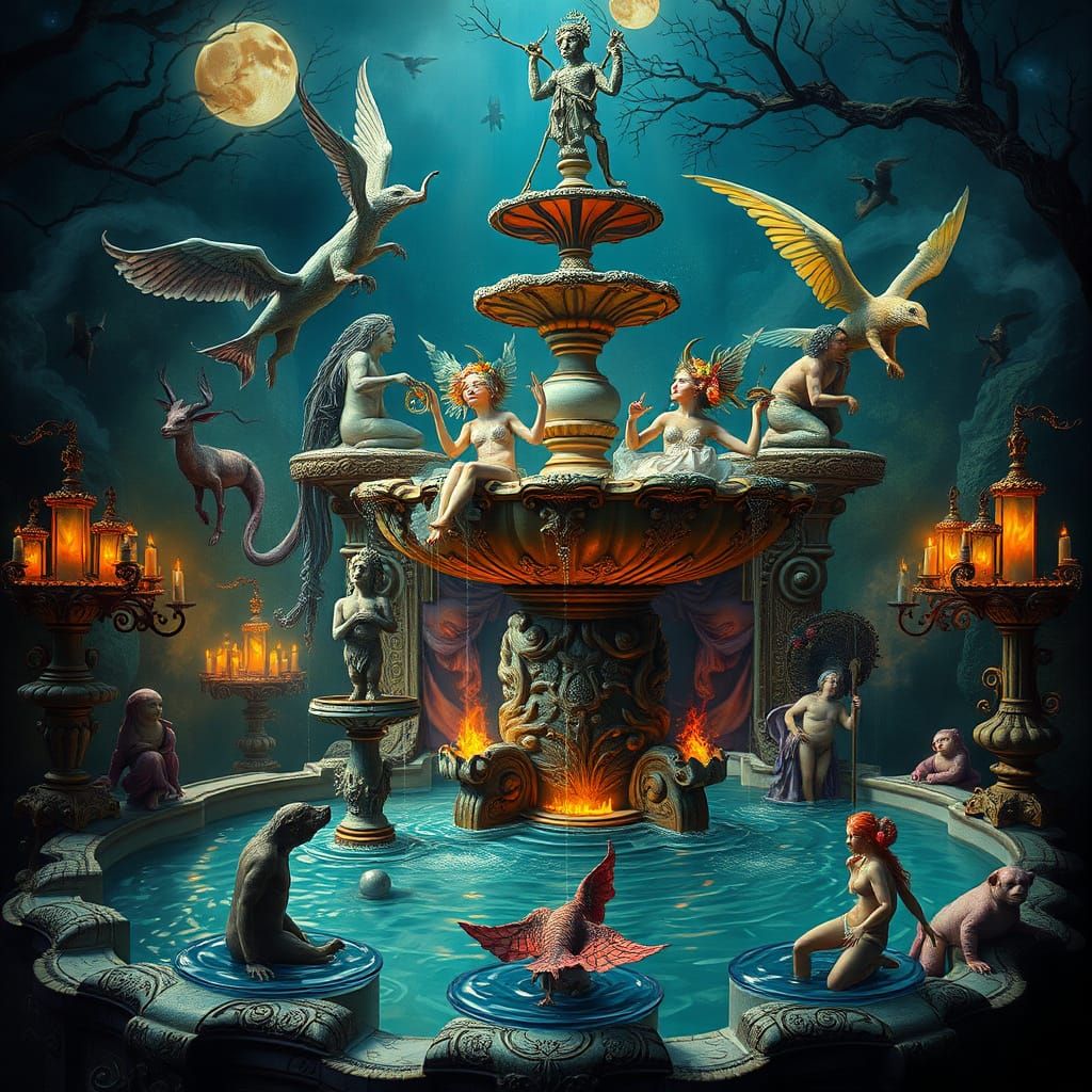 Mystical Fountain with Nymphs in Surrealist Style