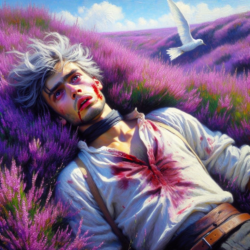 A realistic illustration of a young male character, around 18 years old, lying on his back in a heather field. His white...