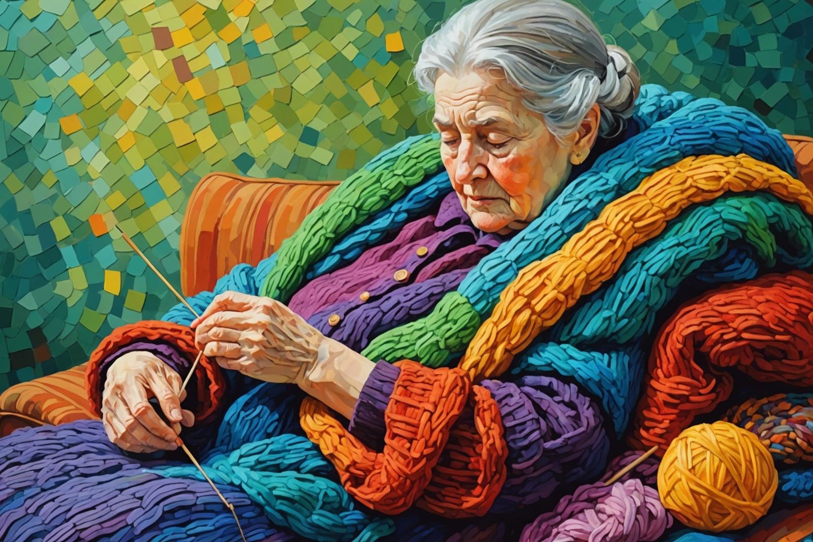 Grannie Napping: Neo-Impressionist Oil Painting