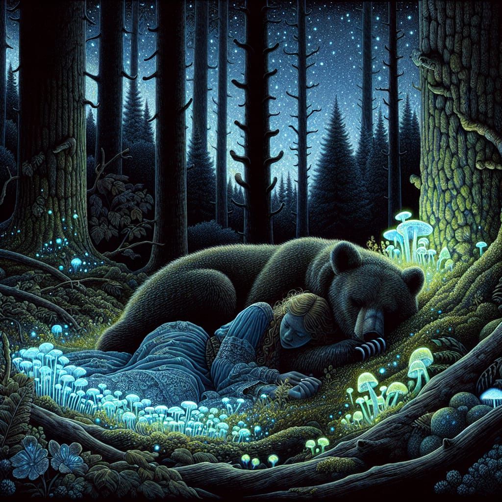 Woman and Bear in Moonlit Bioluminescent Forest