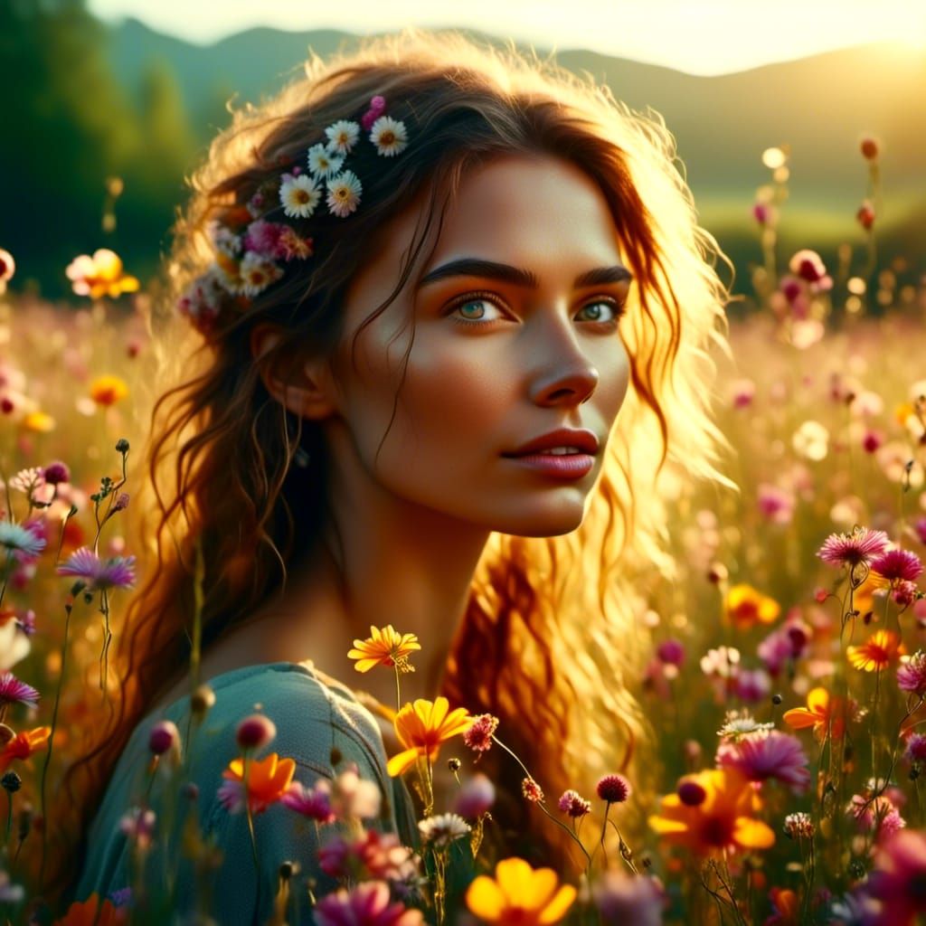 Hyperrealistic Portrait of Woman in Wildflower Meadow