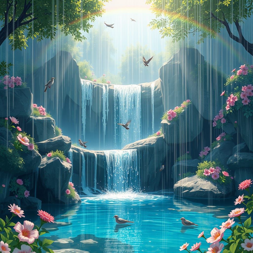 Anime Waterfall Scene with Rainbow and Sunlight