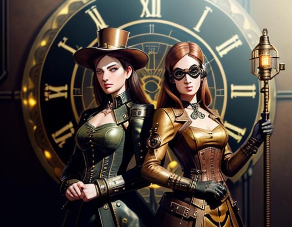 Steampunk Time Machine with Women in Leather Corsets