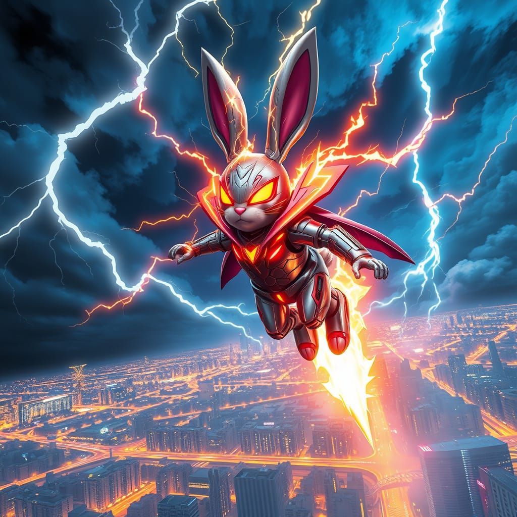 Electrified Superhero Bunny Soars Through Stormy Night Sky