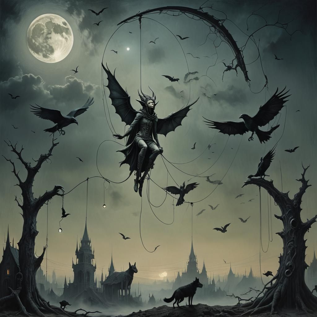 Surreal Elf on Trapeze with Eerie Animals