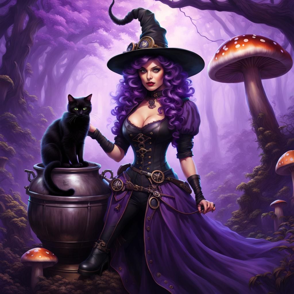 Steampunk Purple Witch with Cauldron in Forest