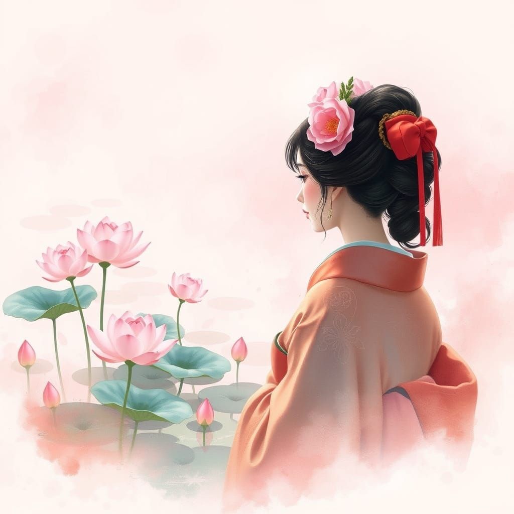 Geisha Gazing at Lotus Flowers in Watercolour Style