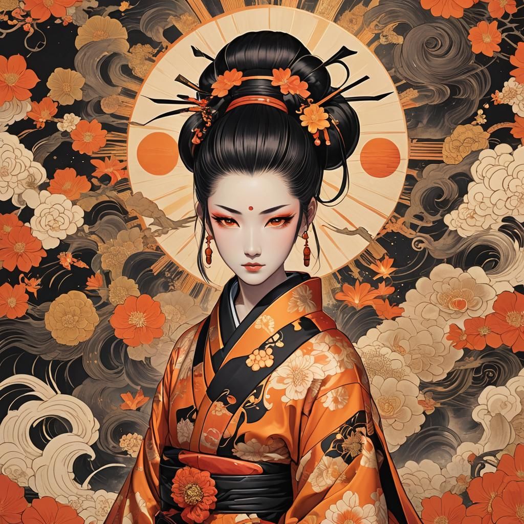 Japanese Sun God with Fiery Eyes, Digital Art