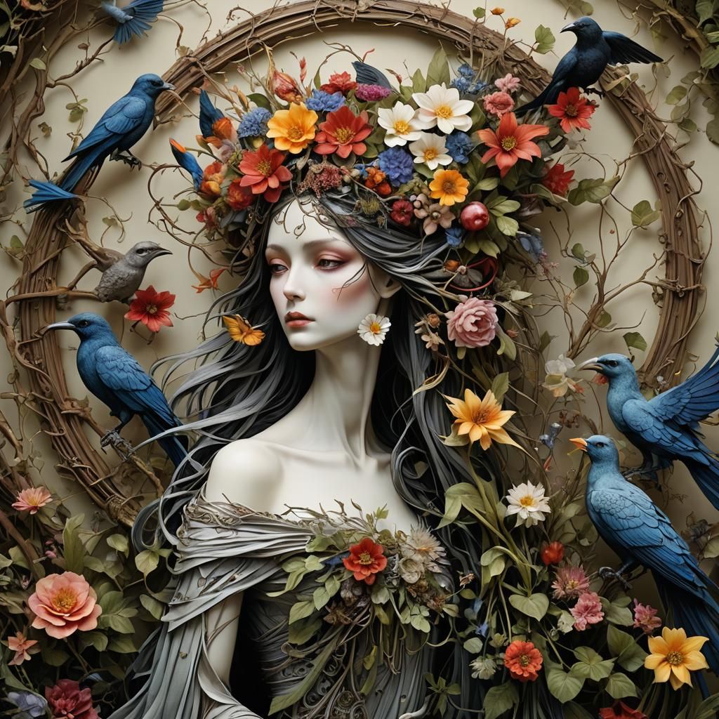 highly detailed 3D mythical woman, surrounded by exotic bird...