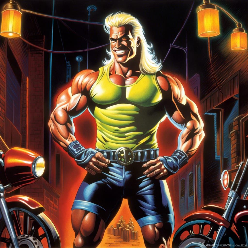 Biker Bodybuilder in Grimy Alley: Airbrush Comic Art