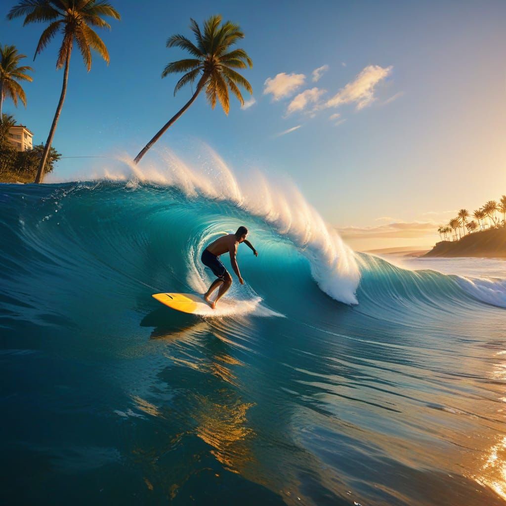 Vibrant Pipeline Surf Scene in Warm Golden Hour Lighting