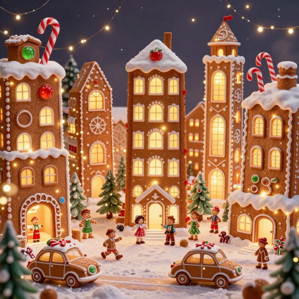 Magical Gingerbread Christmas Cityscape with Festive Lights