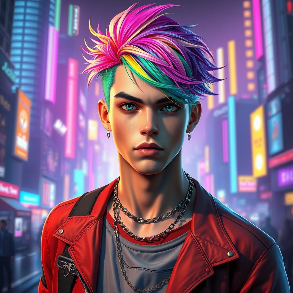 Rainbow Hair in Futuristic Cityscape, Fantasy Realism