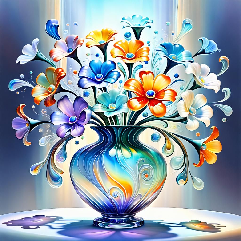 Glowing Art-Glass Flowers in Surreal Painting