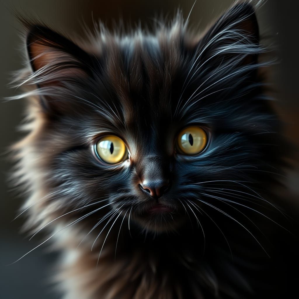 Surreal Closeup Portrait of a Majestic Black Kitten