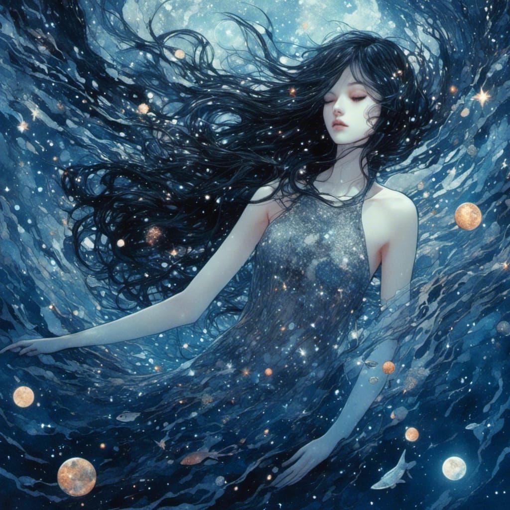 Grunge Girl Swimming in Starry Black Universe