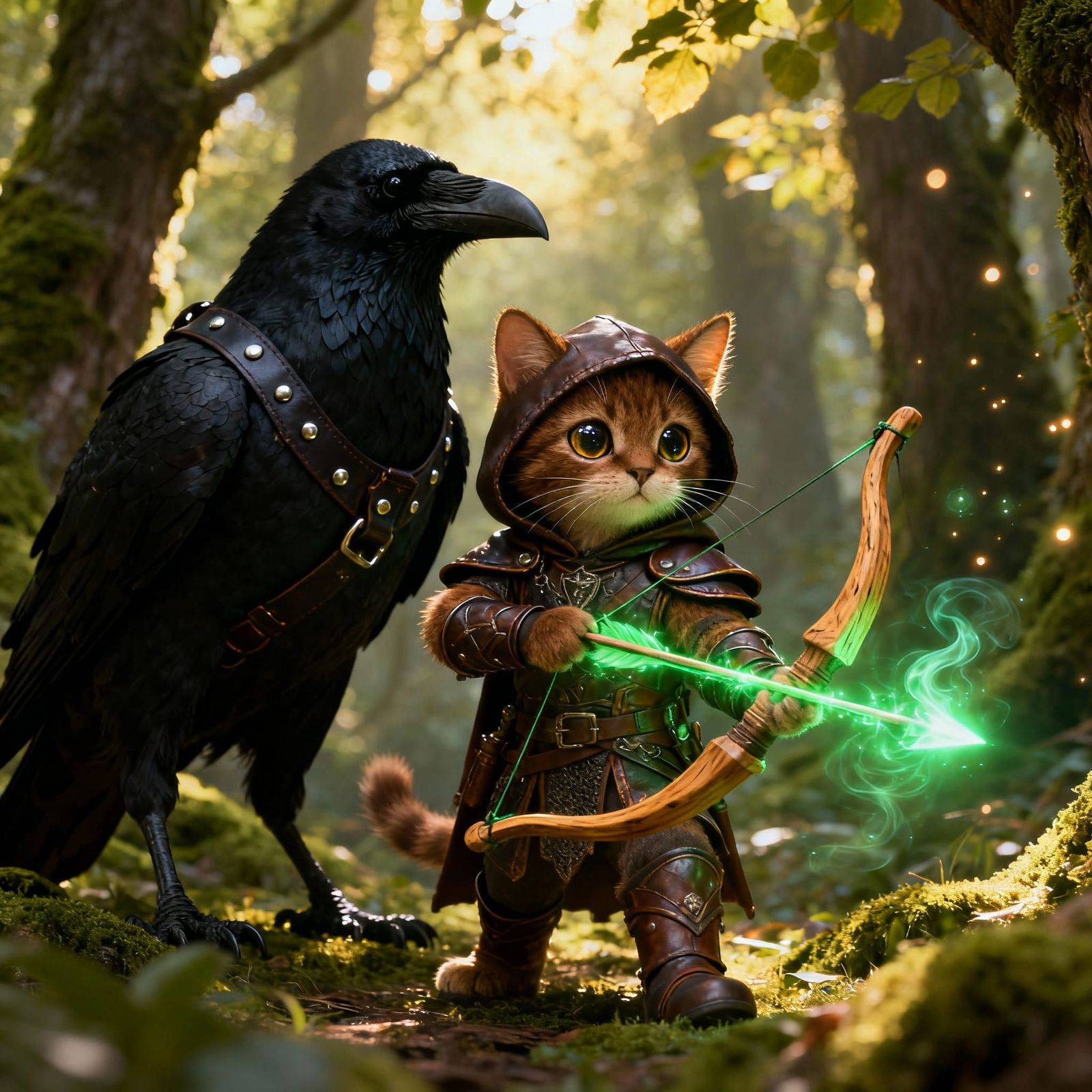 Adorable Kitten Hunter in Enchanted Forest with Magic Bow