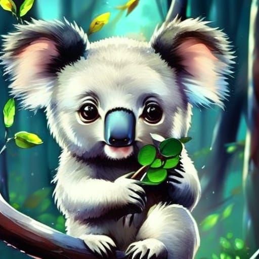 Adorable Chibi Koala in Blue-Grey Forest