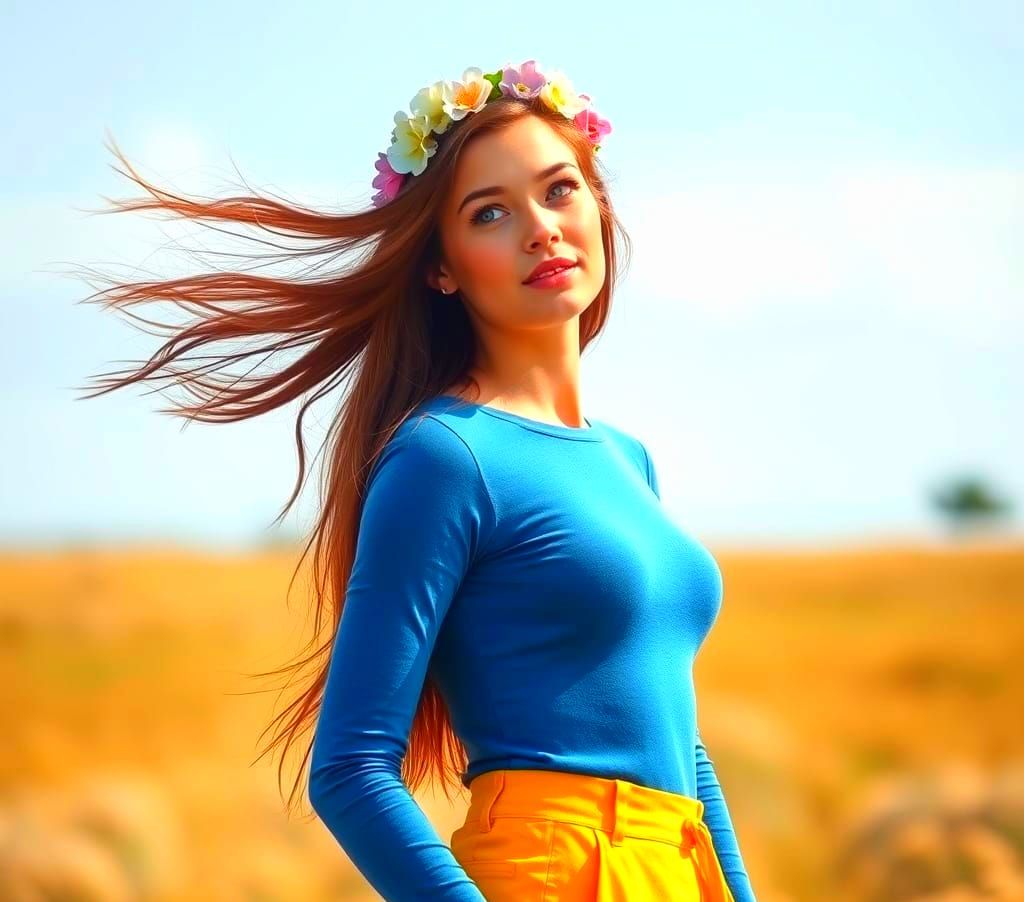 Confident Woman in Flower Wreath Field