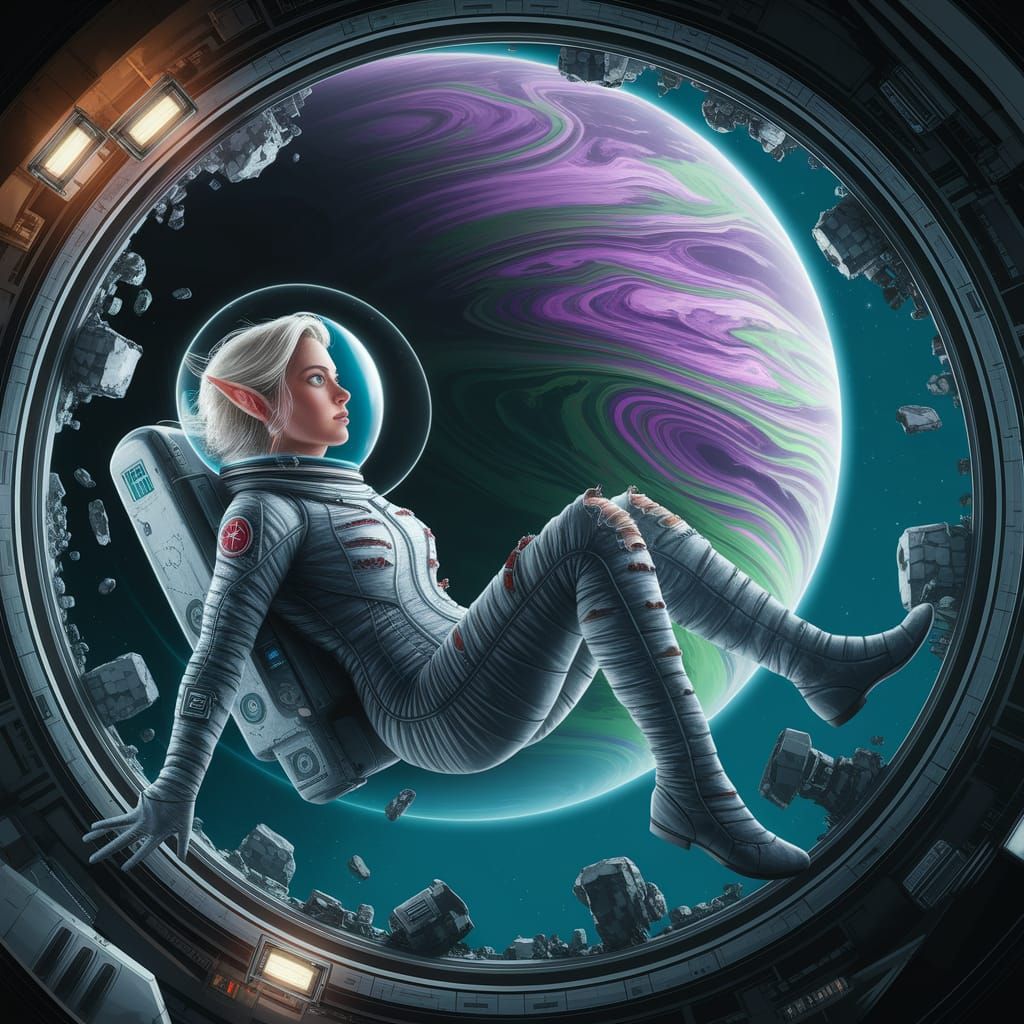 Elven Astronaut in Damaged Spaceship Orbiting Alien Planet