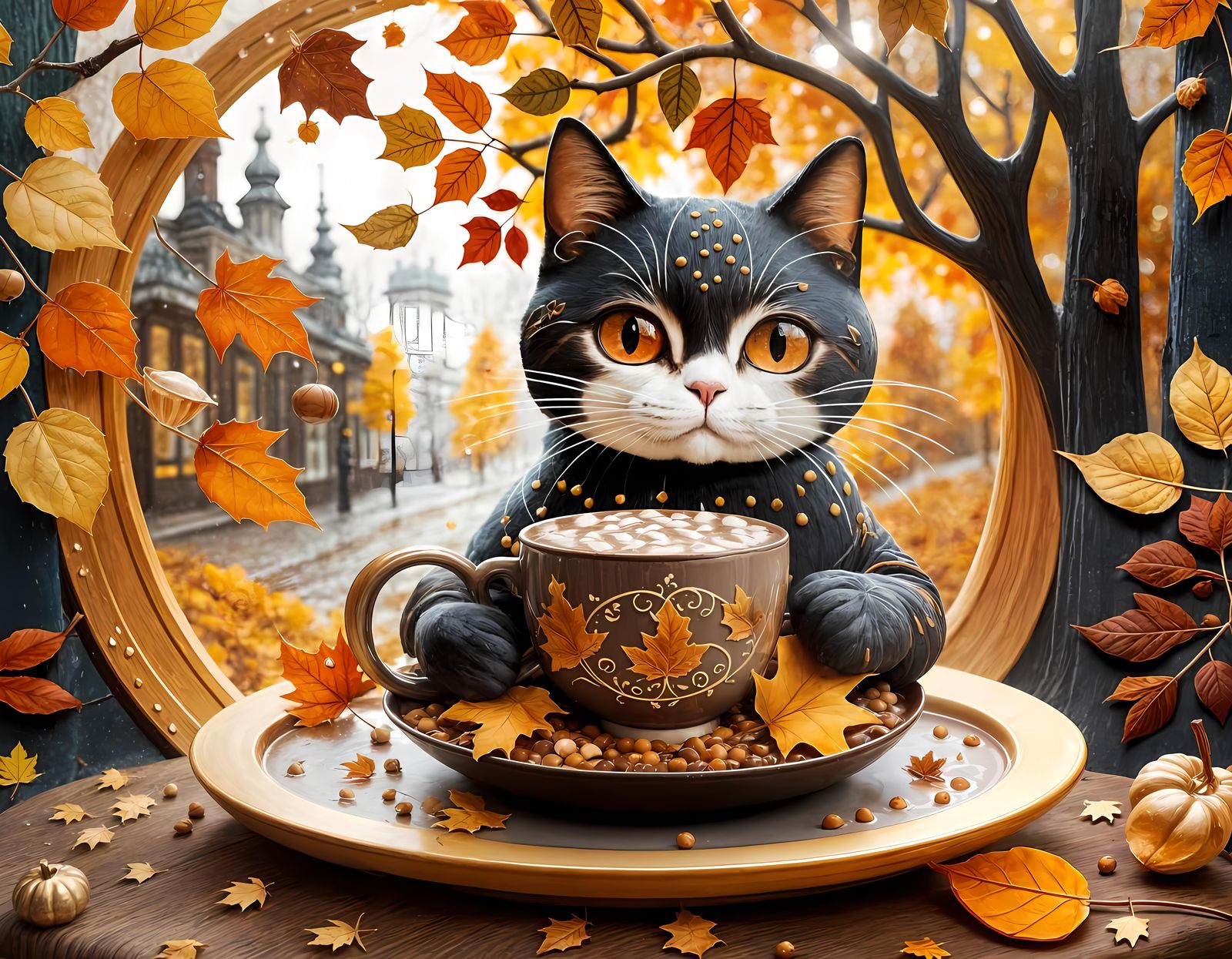 Cozy Cat in Autumnal Hot Chocolate Double Exposure