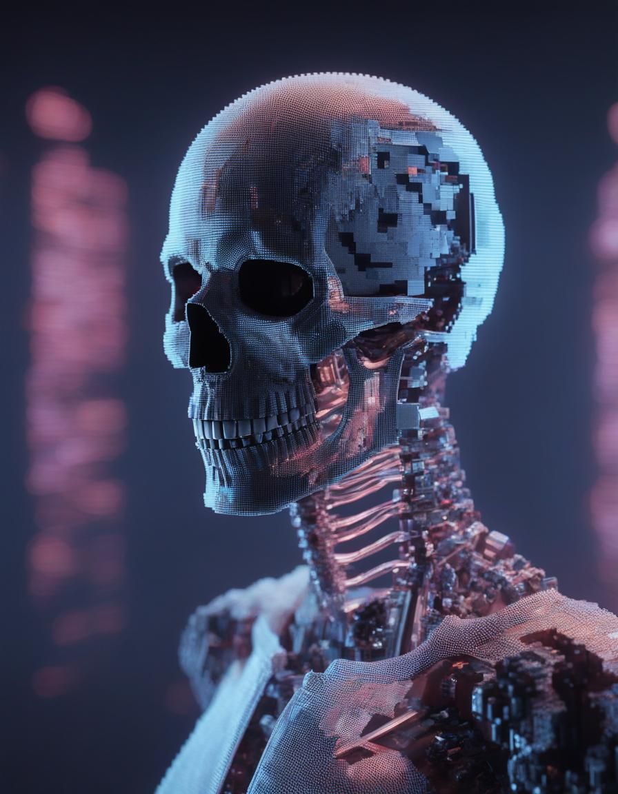 Haunting Portrait of Pixelated Skeleton in Transparent Human...