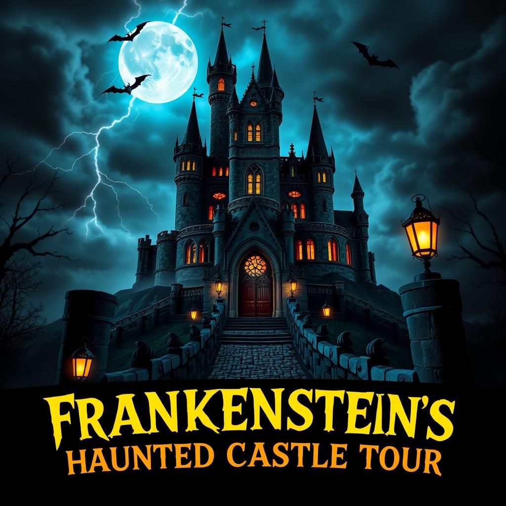 Eerie Gothic Castle with Frankenstein Welcoming Visitors