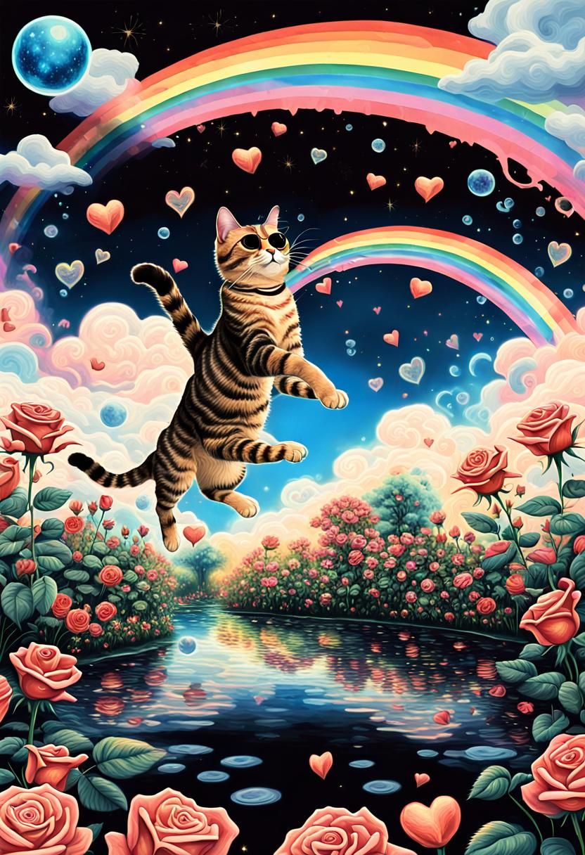 Tabby Cat in Sunglasses Leaping in Mystical Garden