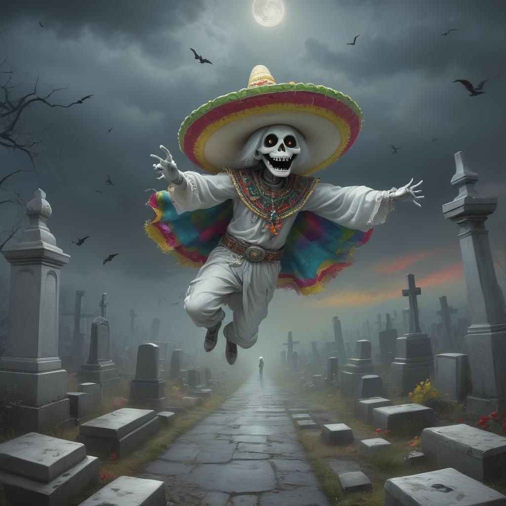 Cartoon Ghoul in Sombrero Over Cemetery, Digital Art