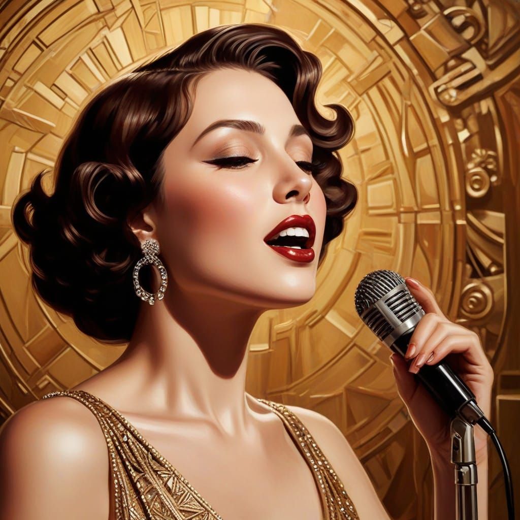 Elegant Woman Sings Jazz in Luxurious Oil Painting
