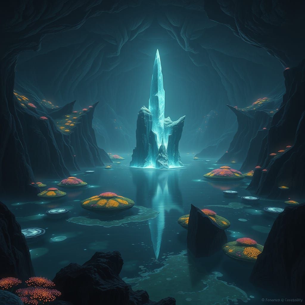 Mystical Crystal Spire Shines Above Gleamshadow Lake