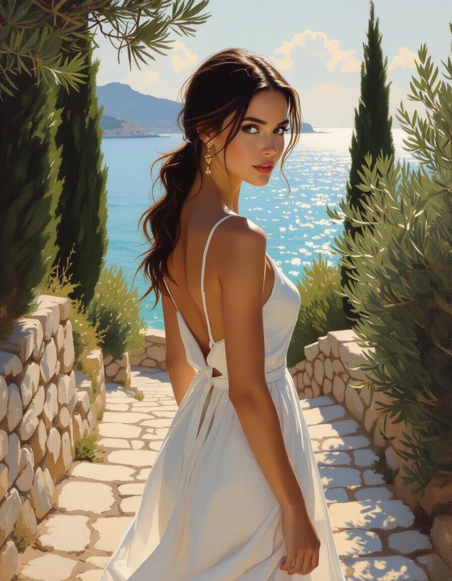 Croatian Woman Walks by Adriatic Sea in Painterly Realism