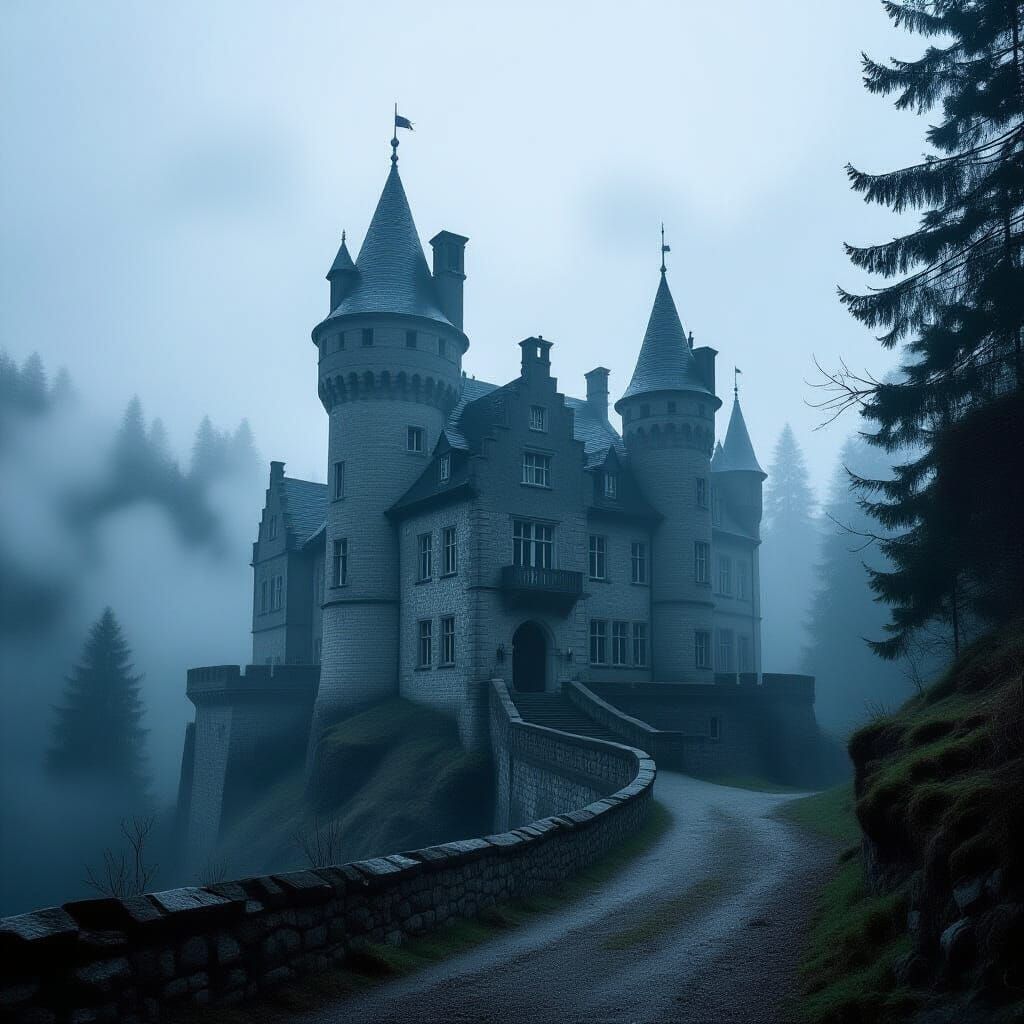Mysterious Renaissance Castle in Foggy Woods