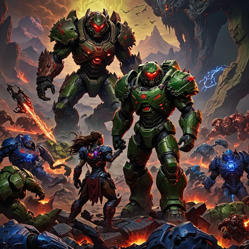 Doom Slayer Victory in Hellscape: Sci-Fi Horror Concept Art