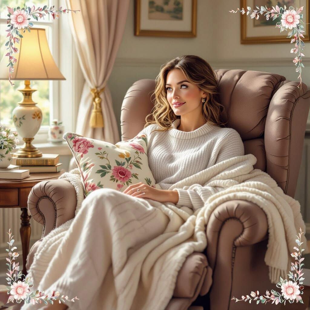 Cozy English Retreat: Woman Relaxing in Pastel Watercolor St...